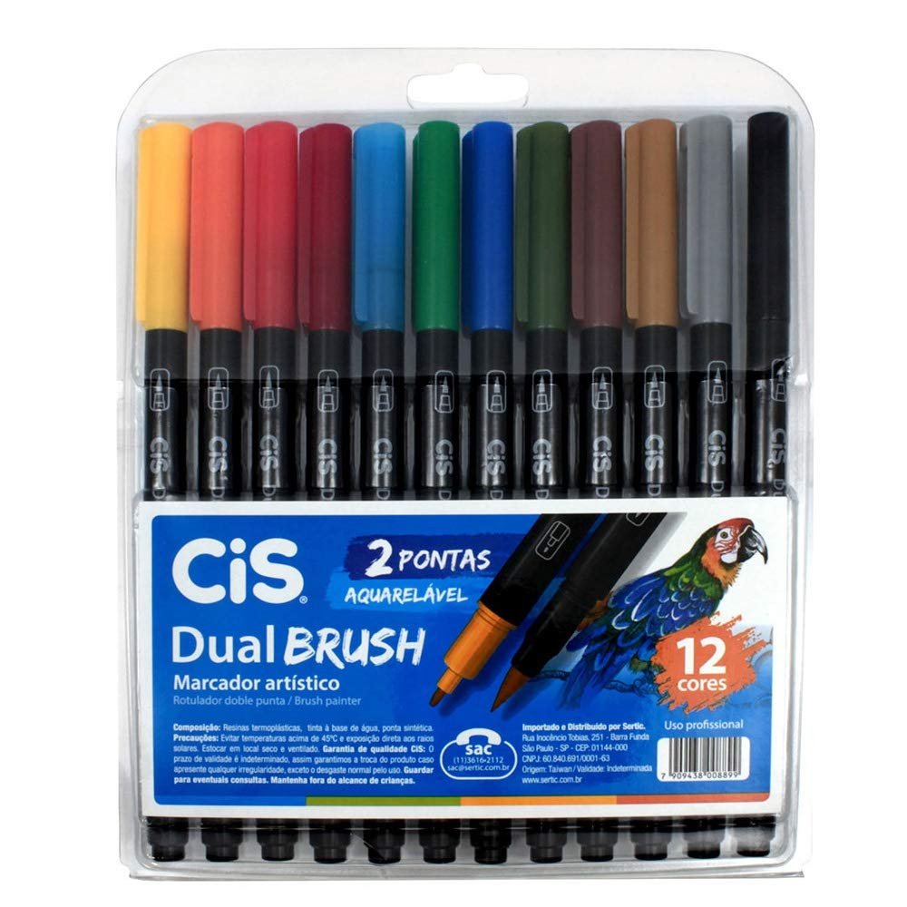 Caneta Cis Dual Brush Aquarelável 12 cores